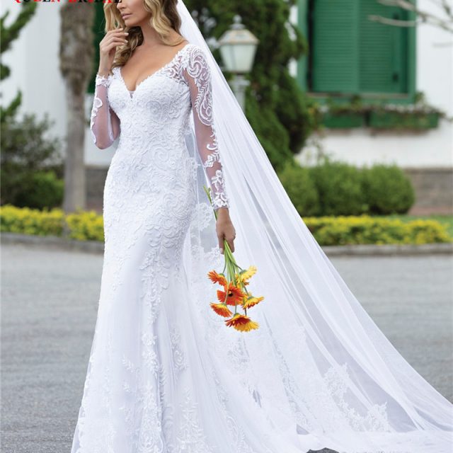 Custom Made 2020 New Design Wedding Dresses Mermaid V-neck Long Sleeve Tulle Lace Beading Elegant Sexy Wedding Gowns CO21