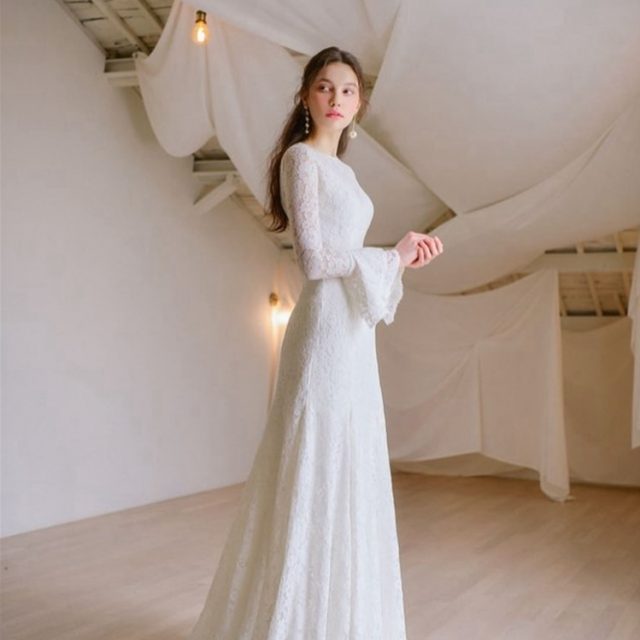 Lace LONG sleeve SIMPLE bridal GOWN wedding dress real photo factory price