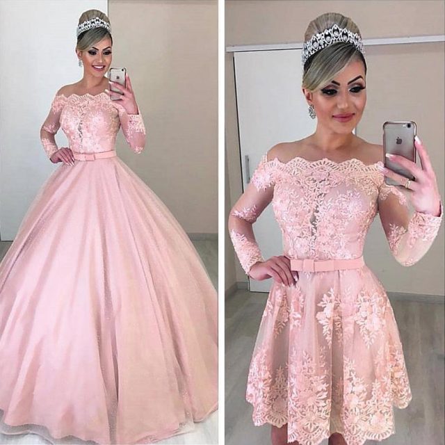 Unique Tulle Off-the-shoulder Neckline 2 In 1 Wedding Dresses Long Sleeves & Bowknot & Detachable Skirt Pink Bridal Dress