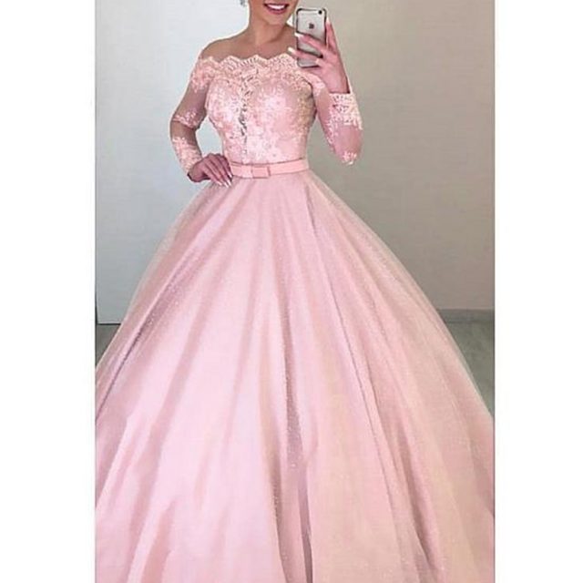 Unique Tulle Off-the-shoulder Neckline 2 In 1 Wedding Dresses Long Sleeves & Bowknot & Detachable Skirt Pink Bridal Dress