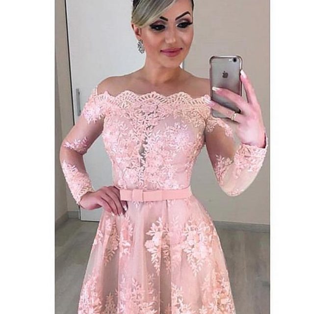 Unique Tulle Off-the-shoulder Neckline 2 In 1 Wedding Dresses Long Sleeves & Bowknot & Detachable Skirt Pink Bridal Dress