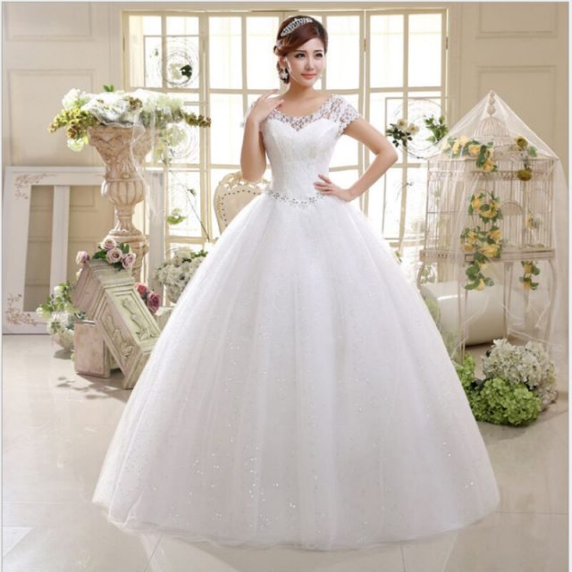 Elegant simple Wedding Dress  O-Neck Short Sleeves Net Rhinestone Backless lace up Bridal Ball Gown