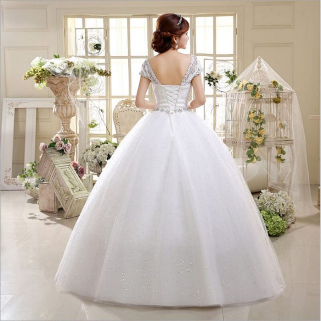 Elegant simple Wedding Dress  O-Neck Short Sleeves Net Rhinestone Backless lace up Bridal Ball Gown