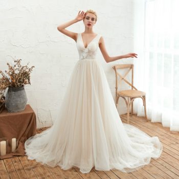 Elegant Wedding Dress V neck Backless Tulle Applique Lace Up A-Line Lace Bridal Ball Gowns