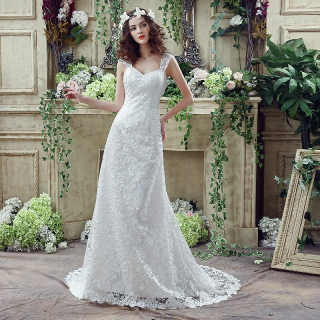 Simple Elegant lace Wedding Dress Strap sleeveless Slim-line Mermaid Embroidery Lace Up Bridal ball Gown