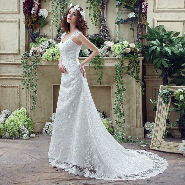 Simple Elegant lace Wedding Dress Strap sleeveless Slim-line Mermaid Embroidery Lace Up Bridal ball Gown