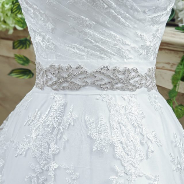 Luxury lace Wedding Dress with Paillette Sash Ruche Strapless back Bowknot Lace Up  Applique Bridal ball Gown