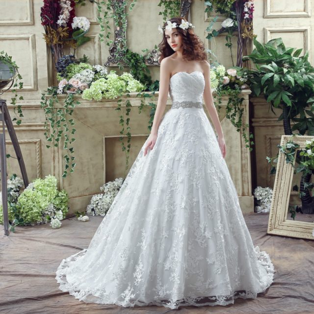Luxury lace Wedding Dress with Paillette Sash Ruche Strapless back Bowknot Lace Up  Applique Bridal ball Gown