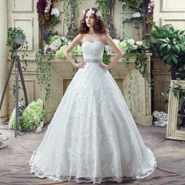 Luxury lace Wedding Dress with Paillette Sash Ruche Strapless back Bowknot Lace Up  Applique Bridal ball Gown