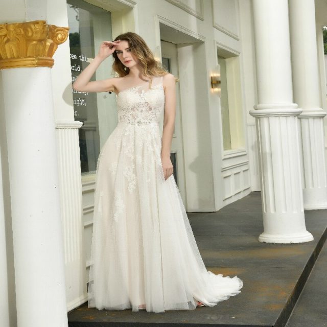 One-shoulder Wedding Dress Rhinestone Sash Applique net button back A-Line Bridal Gown