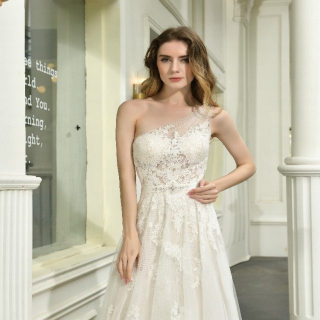 One-shoulder Wedding Dress Rhinestone Sash Applique net button back A-Line Bridal Gown