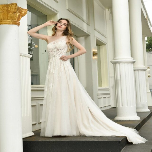One-shoulder Wedding Dress Rhinestone Sash Applique net button back A-Line Bridal Gown