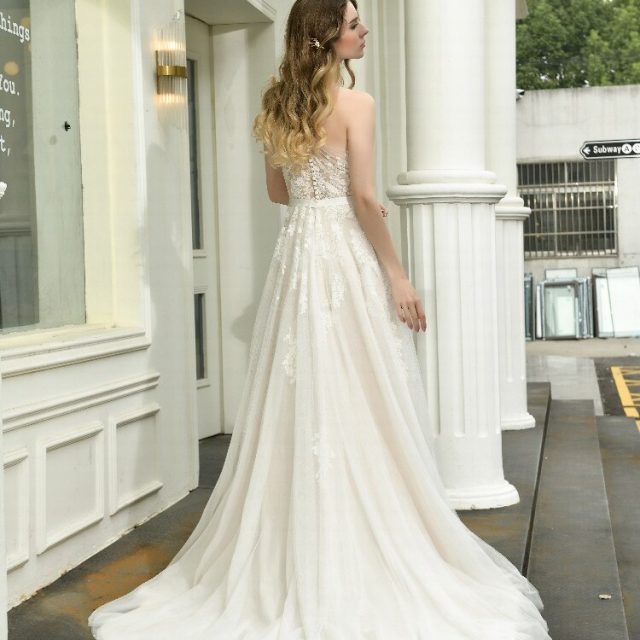 One-shoulder Wedding Dress Rhinestone Sash Applique net button back A-Line Bridal Gown