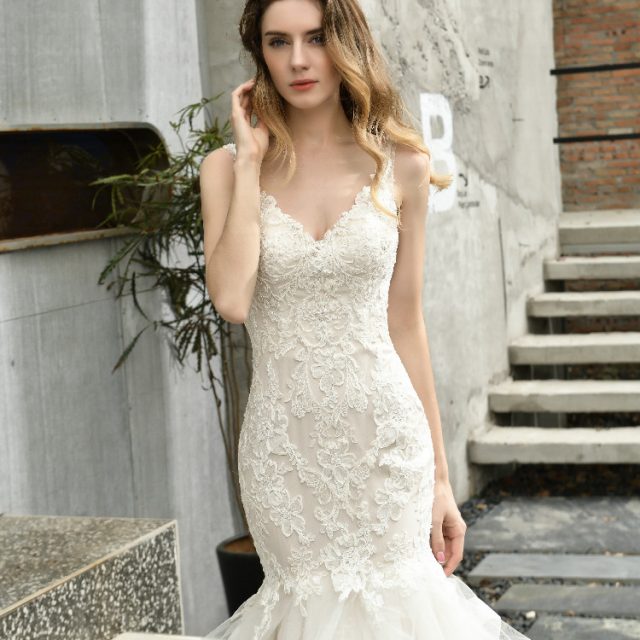 Tiered Mermaid Wedding Dress Sleeveless illusion V-Neck lace Applique Beaded Bridal Gown