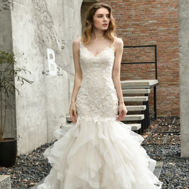 Tiered Mermaid Wedding Dress Sleeveless illusion V-Neck lace Applique Beaded Bridal Gown
