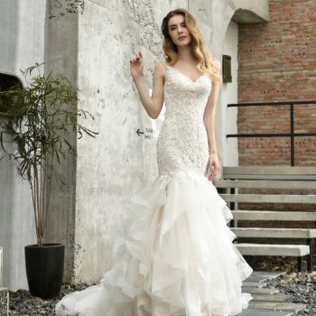 Tiered Mermaid Wedding Dress Sleeveless illusion V-Neck lace Applique Beaded Bridal Gown