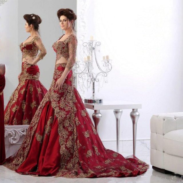 Two Pieces Wedding Dresses Mermaid Sweetheart Indian Jajja-Couture Abaya dubai Burgundy Bridal wedding Gowns with Sleeves Lace