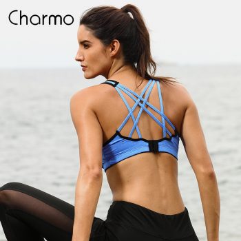 Charmo Women Sports Bra Medium Impact Solid Cross Strap Yoga Bra Women Padded Yoga Bra Running Workout Breathable Sport Top