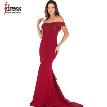IDress Vestidos Women Evening Gown Long Sexy Mermaid Bodycon Lace Dress Slash Neck Robe Longue Prom Gowns Formal Party Dresses