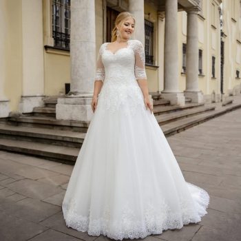 A Line Plus Size Wedding Dress With Half Sleeve Custom Made Lace Appliques Lace Up Back Bride Dress For Big Size Women