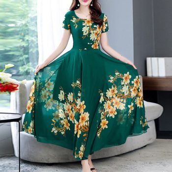 Women’s Summer Dress Short Sleeve Maxi Dress Bohemian Floral Print Long Dress Round Neck Belt Elegant Large Size Dresses#J30