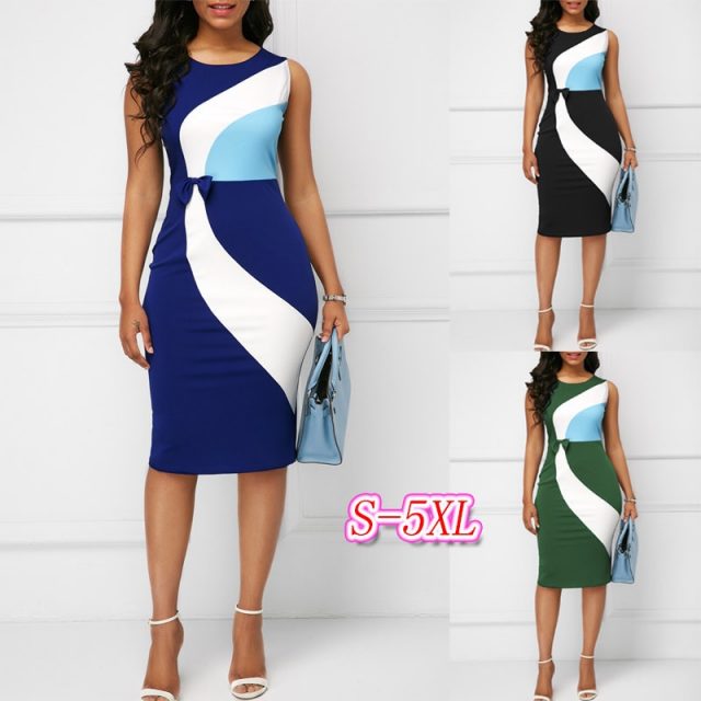 Summer Dress Women 2020 Casual Plus Size Slim Office Pencil Bodycon Dresses Elegant Sexy Geometric Patchwork Color Party Dress