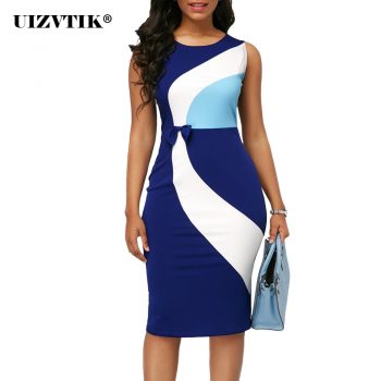 Summer Dress Women 2020 Casual Plus Size Slim Office Pencil Bodycon Dresses Elegant Sexy Geometric Patchwork Color Party Dress