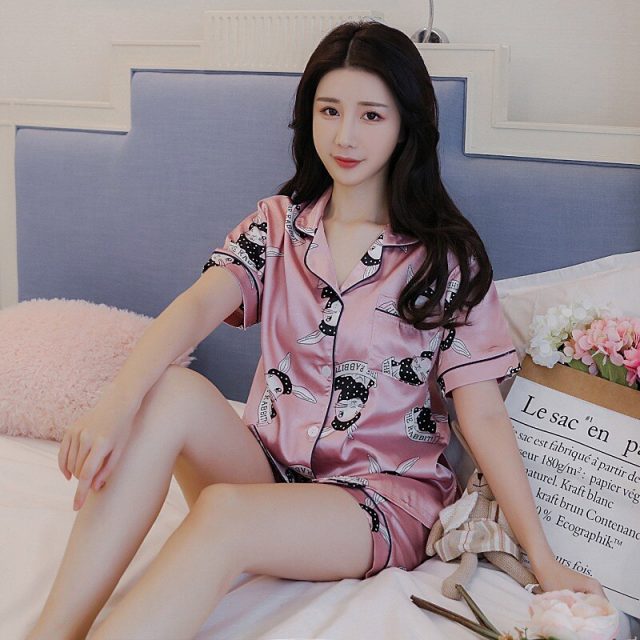 2019 Summer Silk Satin Shorts Pajama Sets for Women Short Sleeve Print Sleepwear Pyjama Loungewear Homewear Pijama Mujer Clothes