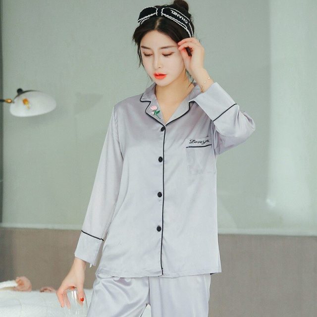 2020 New Autumn Silk Satin Long Sleeve Pajama Sets for Women Sleepwear Suit Pyjama Loungewear Homewear Pijama Mujer Home Clothes