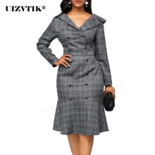 Vintage Plaid Office Bodycon Dress Women Autumn 2020 Long Sleeve Double-breasted Dress Casual Plus Size Slim Ruffles Dresses 5XL