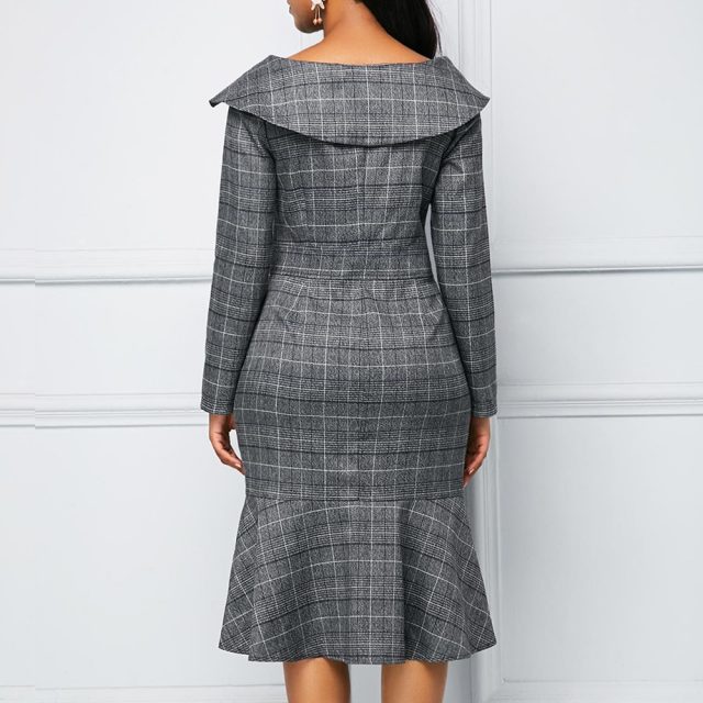Vintage Plaid Office Bodycon Dress Women Autumn 2020 Long Sleeve Double-breasted Dress Casual Plus Size Slim Ruffles Dresses 5XL