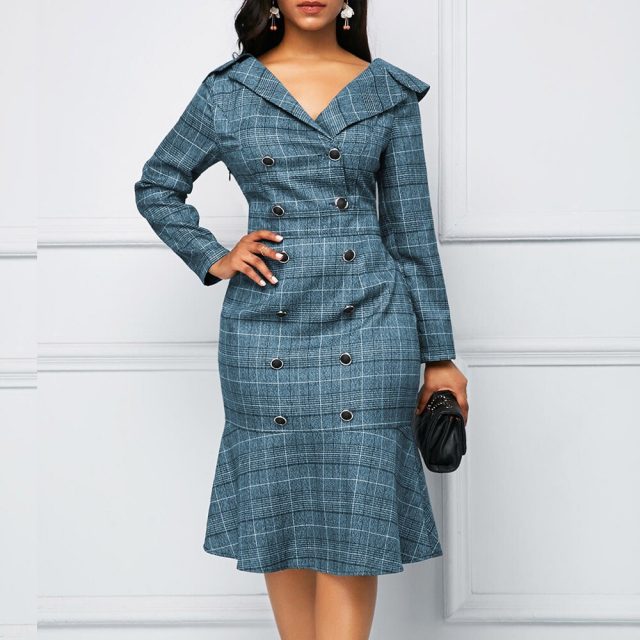 Vintage Plaid Office Bodycon Dress Women Autumn 2020 Long Sleeve Double-breasted Dress Casual Plus Size Slim Ruffles Dresses 5XL