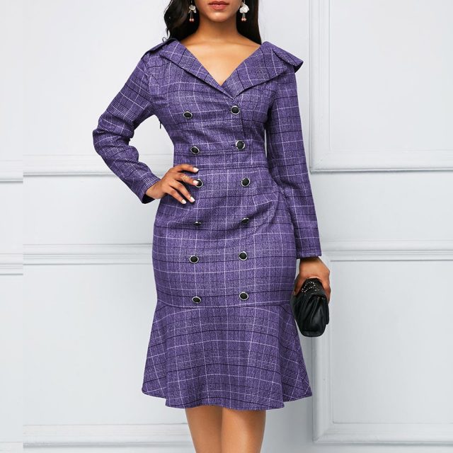 Vintage Plaid Office Bodycon Dress Women Autumn 2020 Long Sleeve Double-breasted Dress Casual Plus Size Slim Ruffles Dresses 5XL