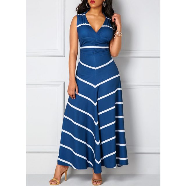 Striped Woman Dress Summer 2020 Sexy Deep V Neck Sleeveless Long Party Dress Casual Plus Size Slim Ball Gown Maxi Dresses Women