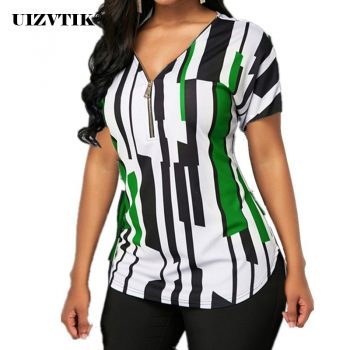 Women T-Shirt Summer Casual Sexy V Neck Zipper blusas poleras mujer de moda 2020 Vintage Plus Size Slim Striped Womens Tops 5XL