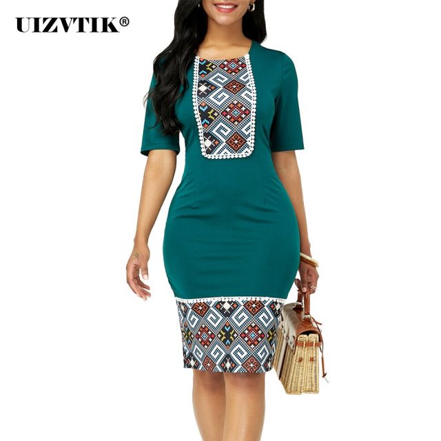 Summer Dress Women 2020 Casual Plus Size Slim Ethnic Print Office Pencil Bodycon Dresses Vintage Sexy India Women Party Dress
