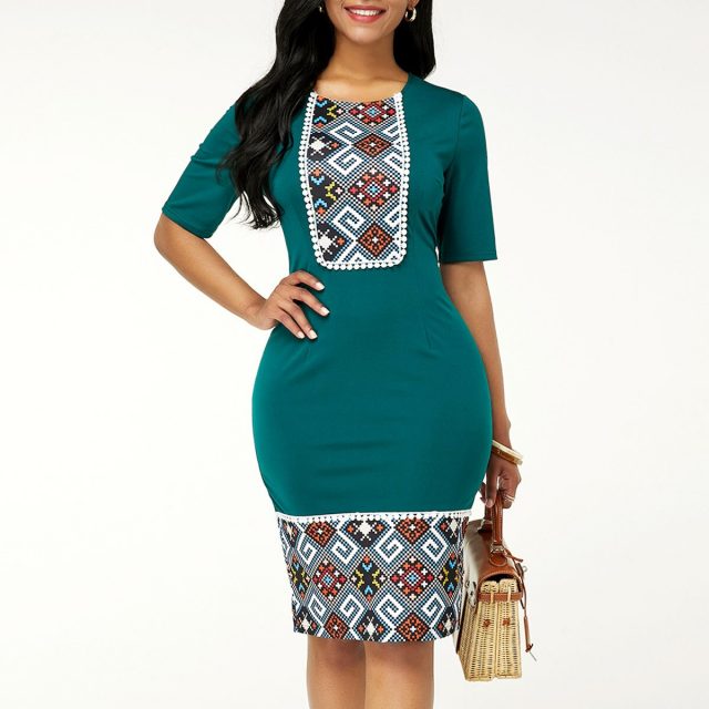 Summer Dress Women 2020 Casual Plus Size Slim Ethnic Print Office Pencil Bodycon Dresses Vintage Sexy India Women Party Dress