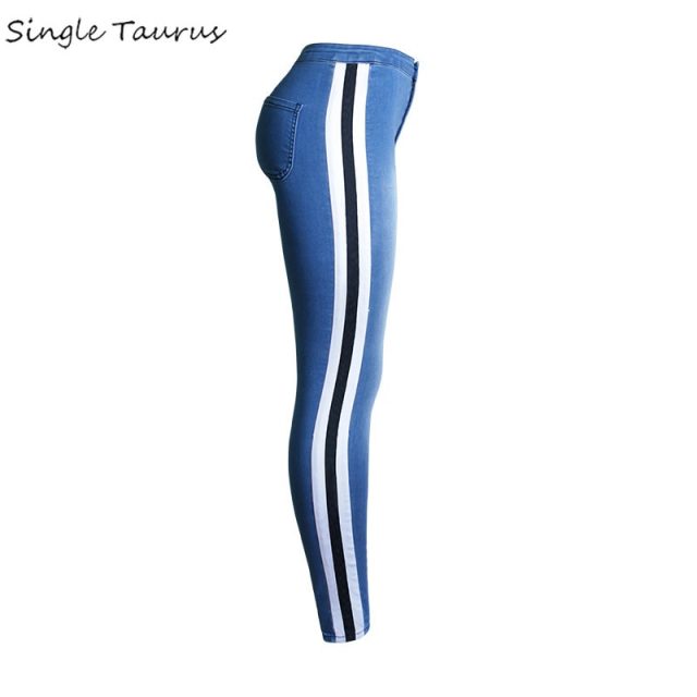 Side Stripe Push Up High Waist Jeans Women Top Quality Bleached Elasticity Blue Skinny Jeans Femme Fashion Cotton Trousers 2020