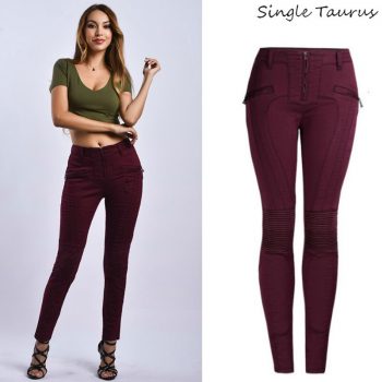 Super Moto Biker Skinny Jeans Women Fashion Wine Red Zippers Fly Denim Pants Mujer Slim Elasticity Streetwear Vaqueros Mujer