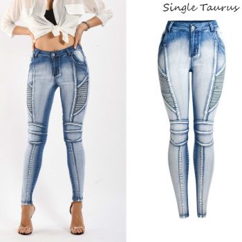 Moto Biker Jeans for Women Color Matching Bleached Denim Pants Mujer Little Blue Streetwear Pleated Skinny Jeans Woman 2019