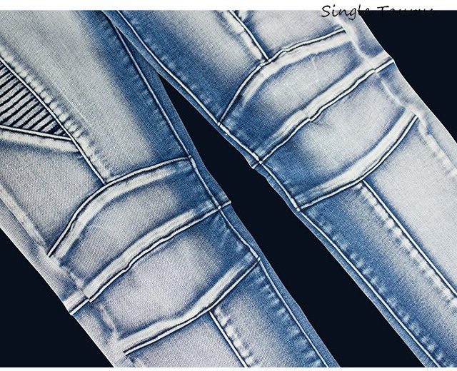 Moto Biker Jeans for Women Color Matching Bleached Denim Pants Mujer Little Blue Streetwear Pleated Skinny Jeans Woman 2019