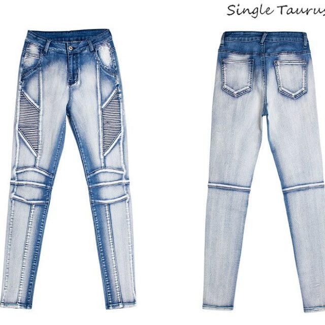 Moto Biker Jeans for Women Color Matching Bleached Denim Pants Mujer Little Blue Streetwear Pleated Skinny Jeans Woman 2019