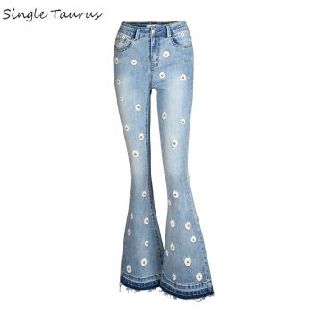 Streetwear Bellbottom Jeans for Women Fashion Blue Jeans Wide Leg Denim Pants Vintage Bleached Embroidery Bootcut Flare Jean