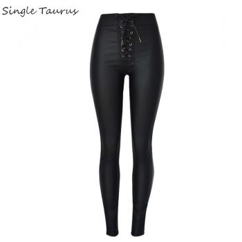 Push Up Slim Black Leather Pant Women Fashion Metal Opening Strap Bandage High Waist Coated Denim Mujer High Street Punk Legging