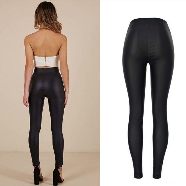 Push Up Slim Black Leather Pant Women Fashion Metal Opening Strap Bandage High Waist Coated Denim Mujer High Street Punk Legging