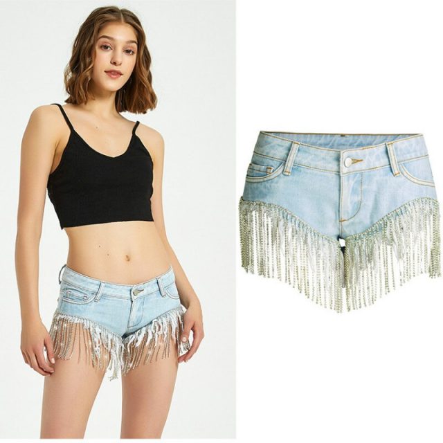 Super Mini Sexy Night Club Jeans Shorts Women Summer Diamond Chain Tassel Denim Panties Low Waist Beach Mini Spandex Shorts