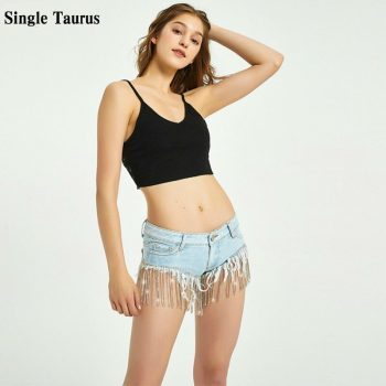 Super Mini Sexy Night Club Jeans Shorts Women Summer Diamond Chain Tassel Denim Panties Low Waist Beach Mini Spandex Shorts