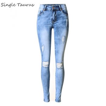 2020 Spring Washed Bleached Skinny Jeans Elasticity Slim Denim Pants Pantalon Femme Vintage Hole Blue Ripped Jeans for Mujer