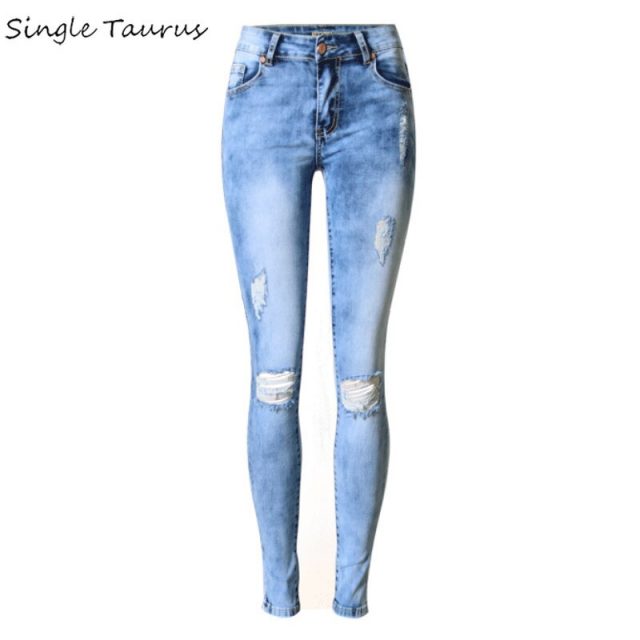 2020 Spring Washed Bleached Skinny Jeans Elasticity Slim Denim Pants Pantalon Femme Vintage Hole Blue Ripped Jeans for Mujer