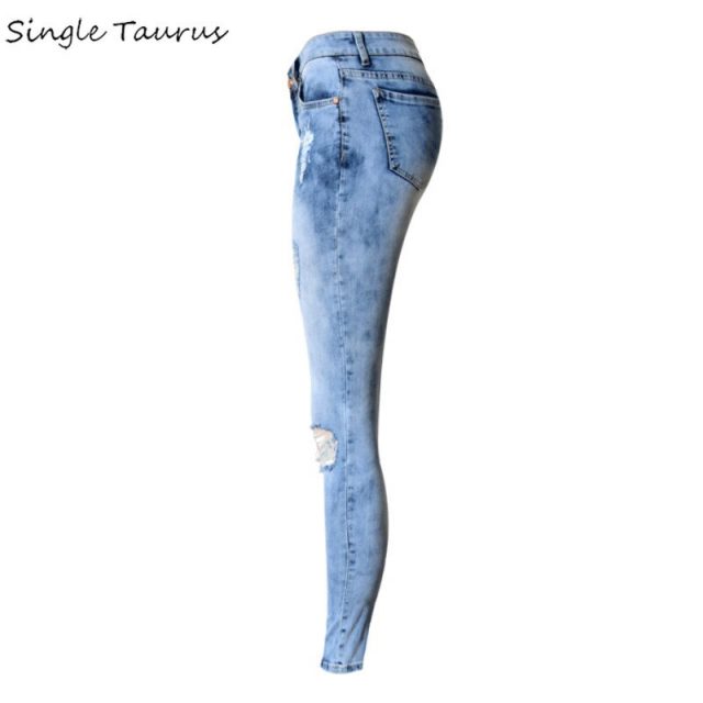 2020 Spring Washed Bleached Skinny Jeans Elasticity Slim Denim Pants Pantalon Femme Vintage Hole Blue Ripped Jeans for Mujer